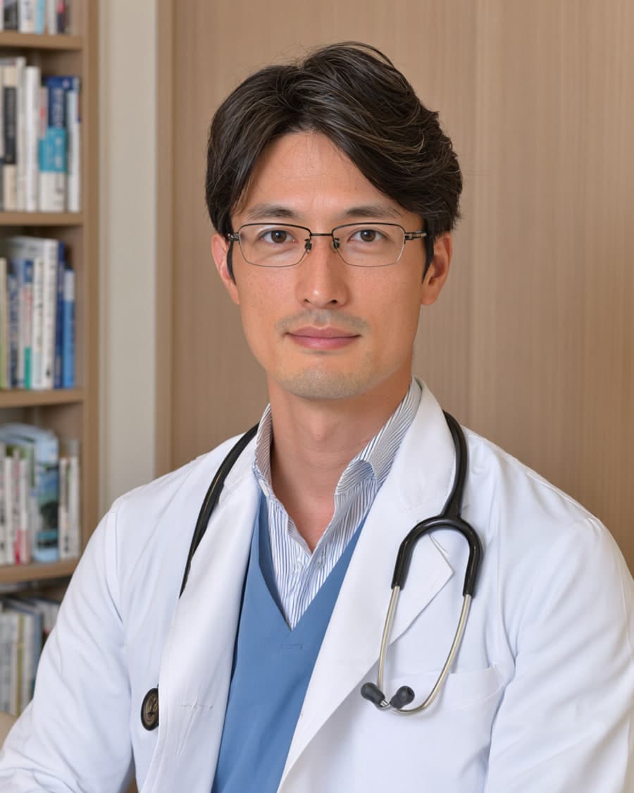 白衣の医師のポートレート。本棚のある部屋で正面を向いている